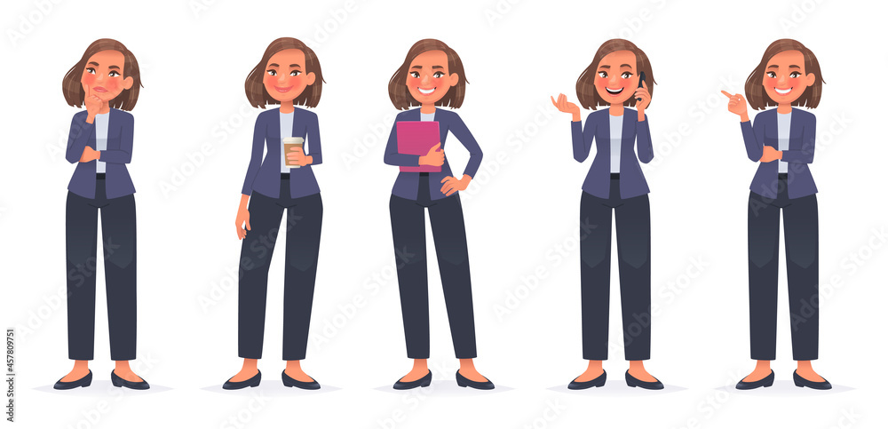Business woman character set. A cute girl thinks, holds a glass of coffee in her hand, talks on the phone, points to the side Business woman character set. A cute girl thinks, holds a glass of coffee in her hand, talks on the phone, points to the side