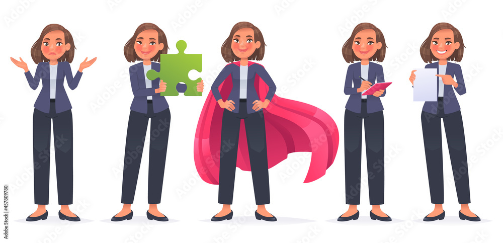 Obraz premium Business woman character set. The girl makes a helpless gesture, sorry, a superhero, holds a puzzle in her hands
