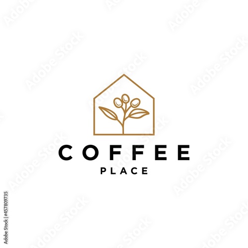 coffee house logo, coffeeshop simple logo, house of coffee beans with branch in trendy line hipster modern simple logo Illustration