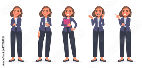 Business woman character set. A cute girl thinks, holds a glass of coffee in her hand, talks on the phone, points to the side