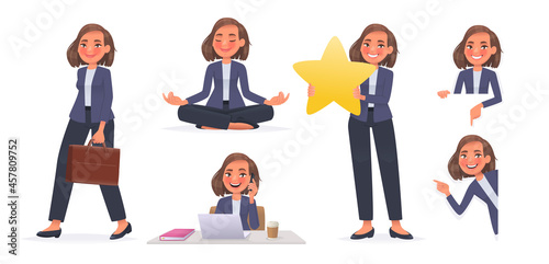 Business woman character set. A girl goes to work, meditates, works at desktop, holds a star, a review or a rating