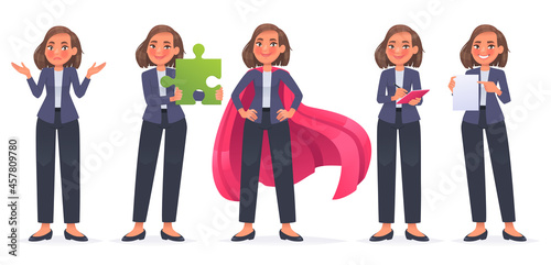 Business woman character set. The girl makes a helpless gesture,  sorry, a superhero, holds a puzzle in her hands