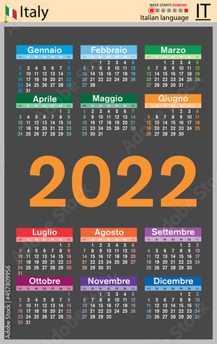Italian vertical pocket calendar for 2022. Week starts Sunday