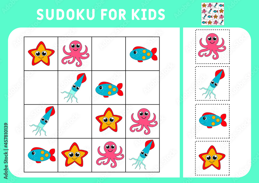 Cartoon sea animals. Sudoku for kids. Education development worksheet. Activity page with pictures. A puzzle game for children. Set animals. Isolated vector illustrations. Logic training