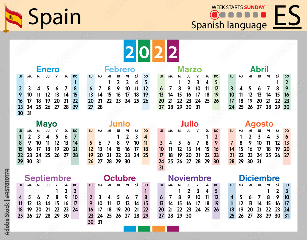 Spanish horizontal pocket calendar for 2022. Week starts Sunday