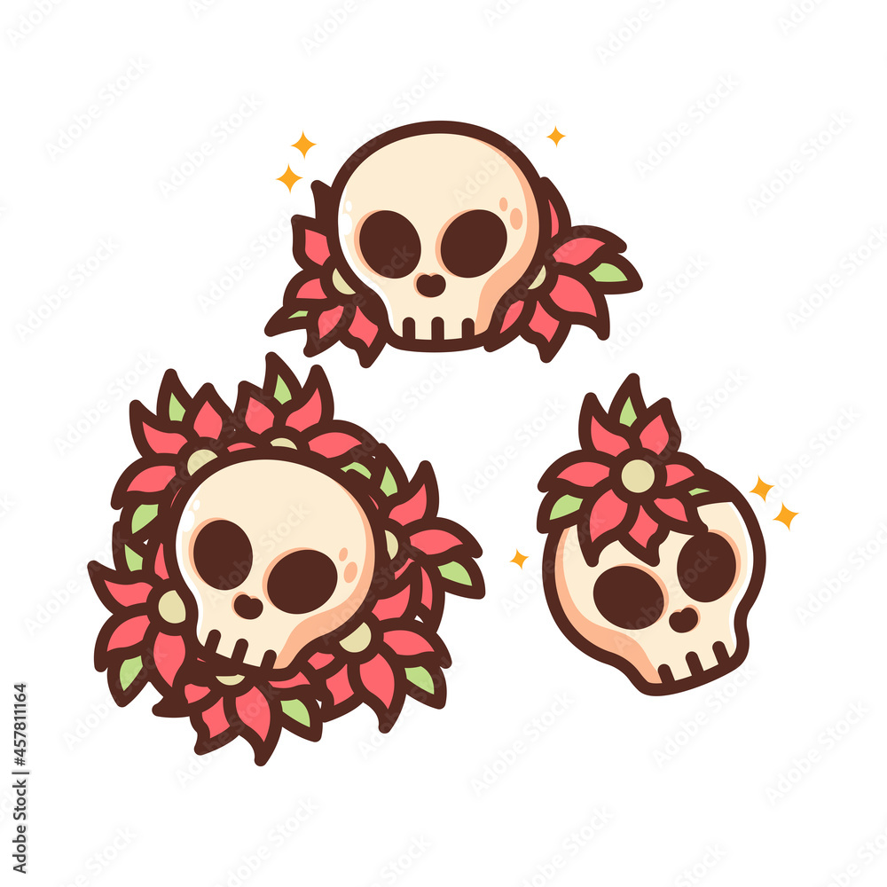 Cartoon skull with red flower, traditional tattoo design in simple cute style. Isolated clip art illustration. Cartoon skull with red flower, traditional tattoo design in simple cute style. Isolated clip art illustration.