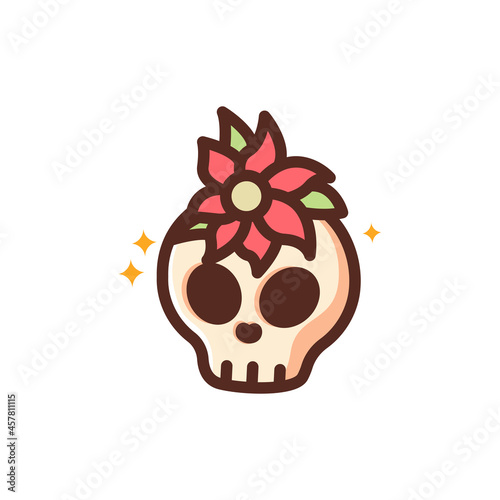 Cartoon skull with red flower, traditional tattoo design in simple cute style. Isolated clip art illustration.