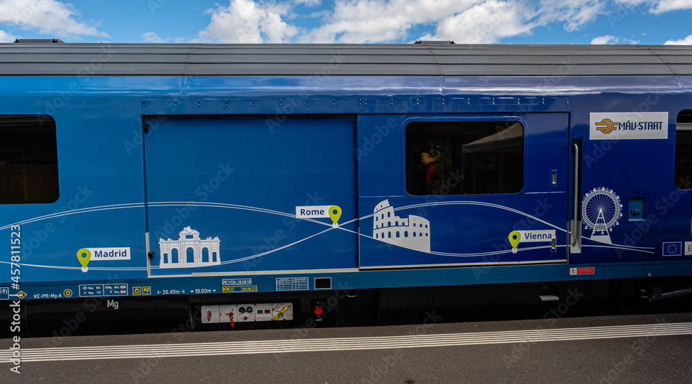 Connecting Europe Express train in the Sibiu city station, Transylvania region, Romania