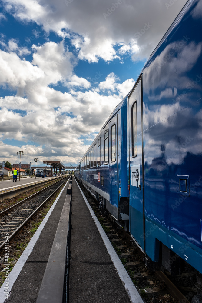 Fototapeta premium Connecting Europe Express train in the Sibiu city station, Transylvania region, Romania