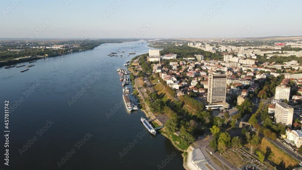 Amazing Aerial view of Danube River and City of Ruse, Bulgaria