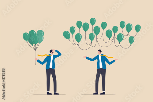 Decentralization, blockchain technology to distribute authority without center, DeFi Decentralized Finance concept, businessman holding centralized balloons looking at decentralized balloons network.