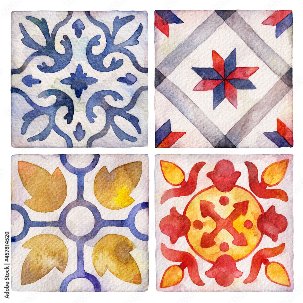 Watercolor ceramic tiles. Square vintage hand-drawn ornament.
