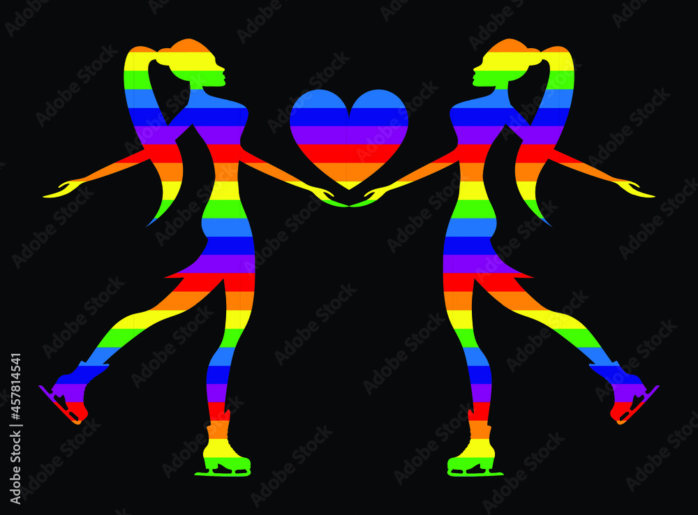 Two lesbian girls silhouette with ice figure skate shoes moving towards each other and a heart growth between them. LGBT rainbow flag, diversity, pride, equality, freedom concept vector illustration.