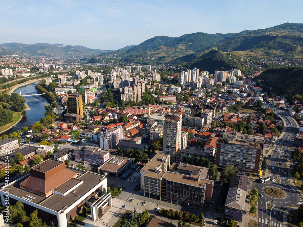 Aerial drone view of Zenica, Bosnia and Herzegovina. Buildings, streets, parks and residential houses. City center of Zenica, view from above. Cityscape. 