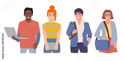 Group of diverse modern students or classmates standing together. Portrait of happy multicultural young people isolated on white background. Flat cartoon vector illustration of smiling teenagers