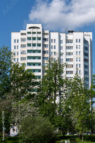Zelenograd - an eco-friendly area in Moscow, Russia. High-rise building surrounded by trees