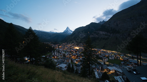 the famous village of zermatt in switzerland in the evening, with the matterhorn.