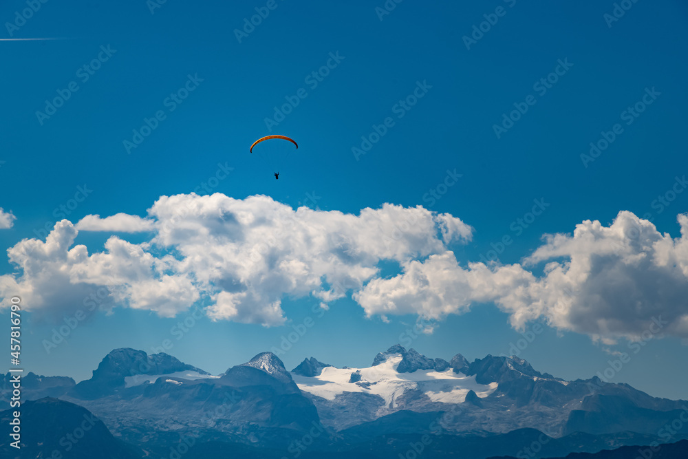 Paraglider over Altaussee with Dachstein in Background, Salzkammergut, Austria