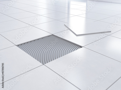 Laying tiles concept. Laying the ceramic tile on the floor - 3d rendering © Sashkin