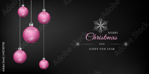 Black elegant festive vector illustration. Merry Christmas greeting card. Hanging pink bauble with white snowflake decoration.