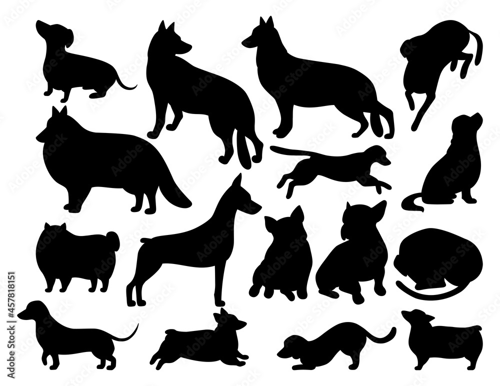 Set of dog breeds silhouettes set in various poses.