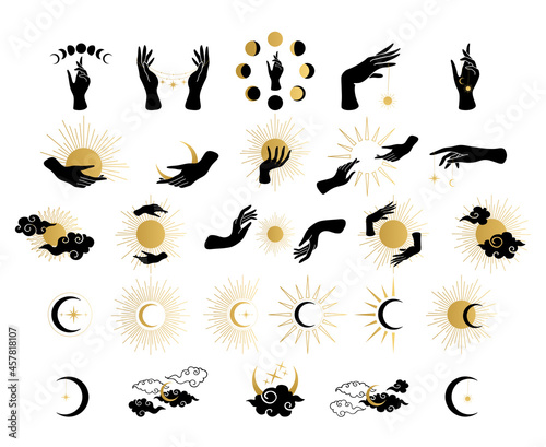 Mystical set with moon and sun. Wicca, alchemy, mystical, magic, celestial, esoteric, sacred, spiritual, occultism inspired concept. Witch hands. Hand drawn vector photo