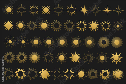 Set of various abstract sun. Set of boho sun icons. Golden gradient color. Wicca, alchemy, mystical, magic, celestial, esoteric, sacred, spiritual, occultism inspired concept. Hand drawn vector.