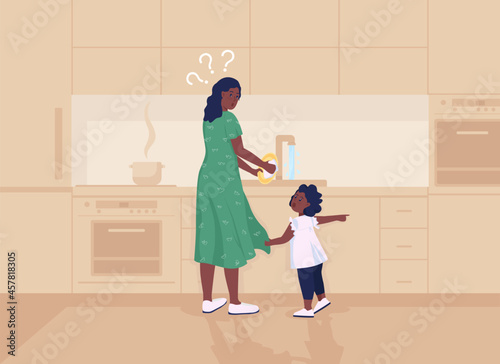 Kid distracts mother flat color vector illustration. Mom busy doing housework. Toddler demands attention from parent. Family 2D cartoon characters with kitchen interior on background