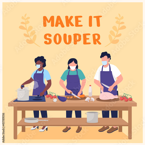 Cooking class social media post mockup. Make it souper phrase. Web banner design template. Culinary workshop booster, content layout with inscription. Poster, print ads and flat illustration
