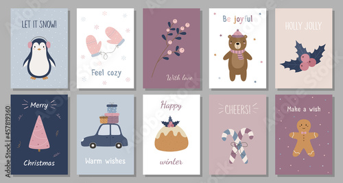 A set of Christmas postcards. Happy New Year. Cute penguin, bear, knitted mittens, Christmas tree, car with gifts, lolipop, gingerbread man. Vector illustration