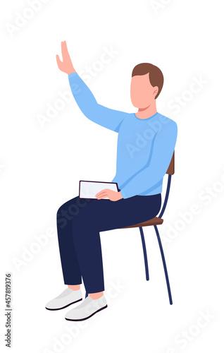 Student raising arm semi flat color vector character. Sitting figure. Full body person on white. Seminar attendant isolated modern cartoon style illustration for graphic design and animation
