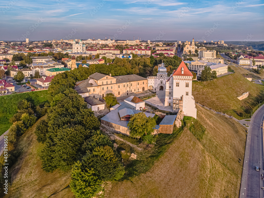 View of the old castle and the center of Grodno in the sunset light