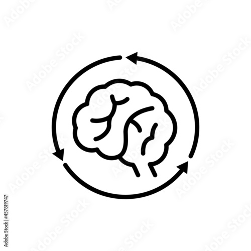 Repetitive behavior, human brain in arrows thin line icon. Modern vector illustration of autism symptom.