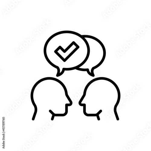 Communication and understanding each other thin line icon, two silhouettes of heads with speech bubbles with check mark. Social interaction. Modern vector illustration.