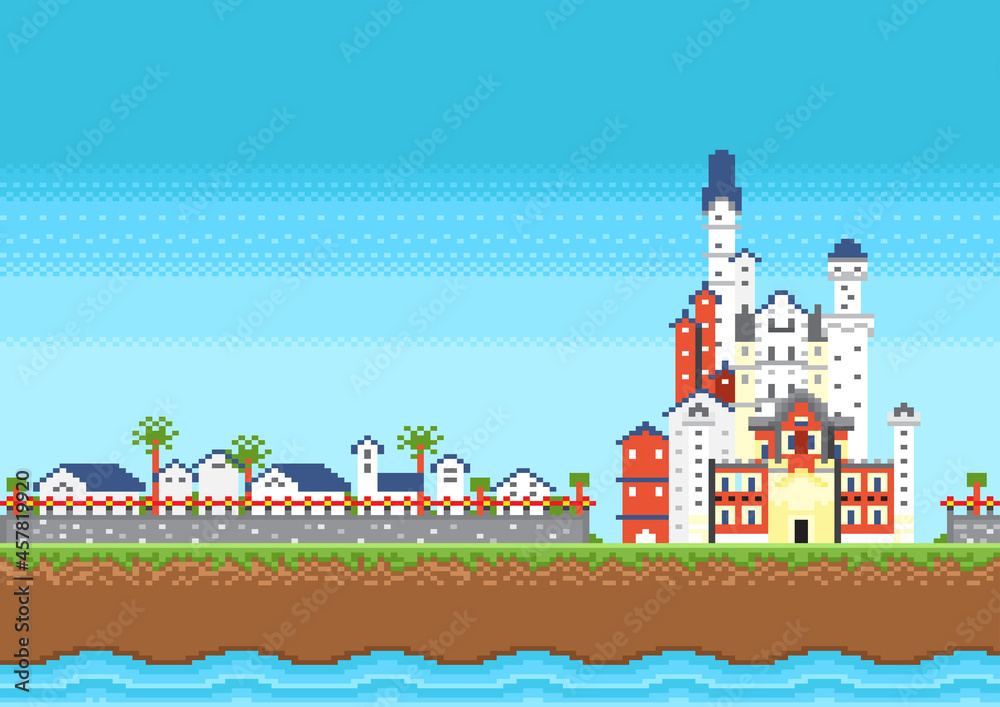 Castle of knight on nature background in game pixel style.