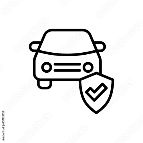 Car insurance thin line icon, car is protected by shield with check mark. Modern vector illustration.