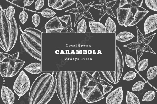 Hand drawn sketch style carambola banner. Organic fresh fruit vector illustration on chalk board. Retro fruit design template photo