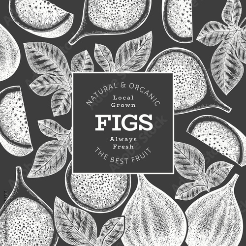 Hand drawn fig fruits design template. Organic fresh food vector illustration on chalk board. Retro fig fruit banner.