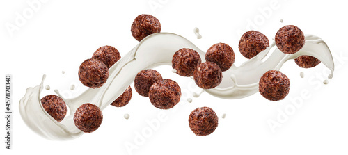 Fotografie Falling chocolate corn balls isolated on white background