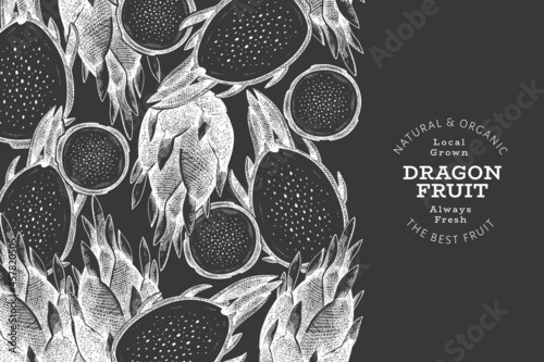 Hand drawn dragon fruit design template. Organic fresh food vector illustration on chalk board. Retro pitaya fruit banner.