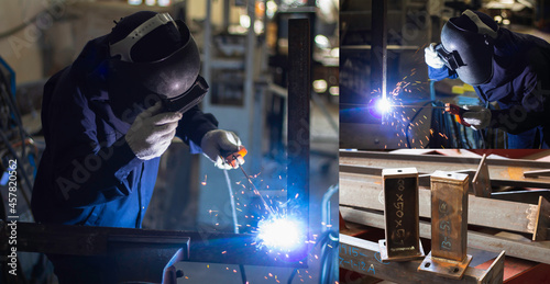 Set welder in factory. Construction site metal welder. builder wear fireproof gloves for safety at work.