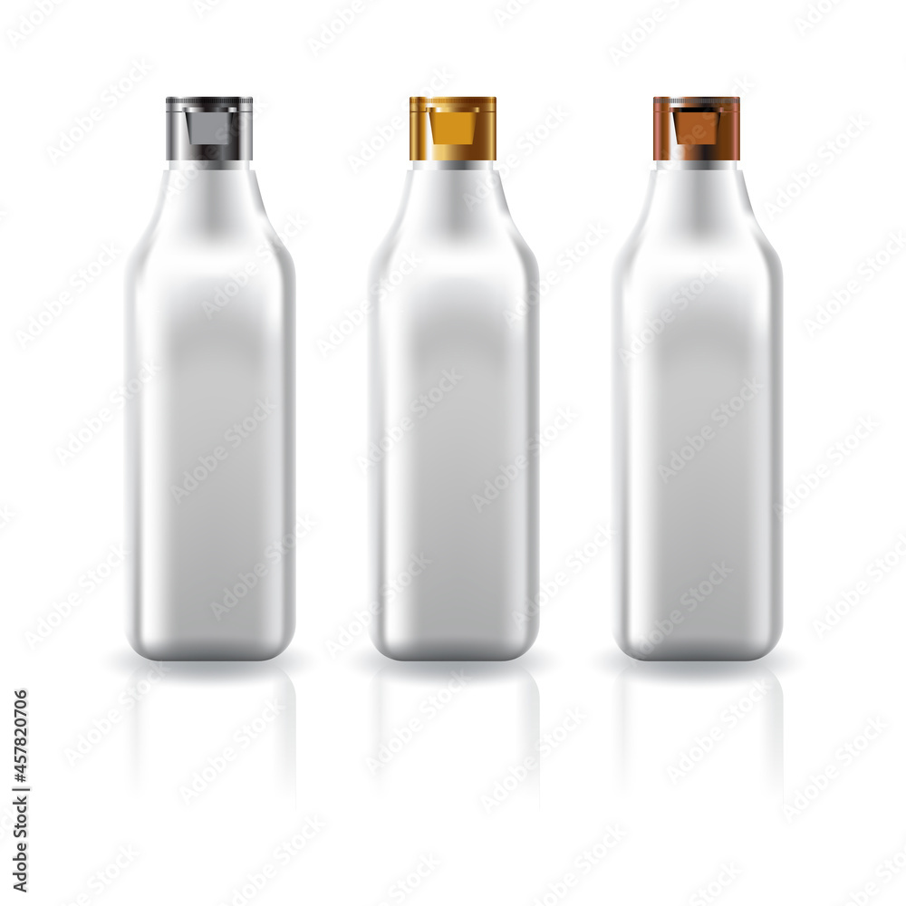 Blank clear square cosmetic bottle with silver-gold-copper cap lid for beauty or healthy product. Blank clear square cosmetic bottle with silver-gold-copper cap lid for beauty or healthy product.