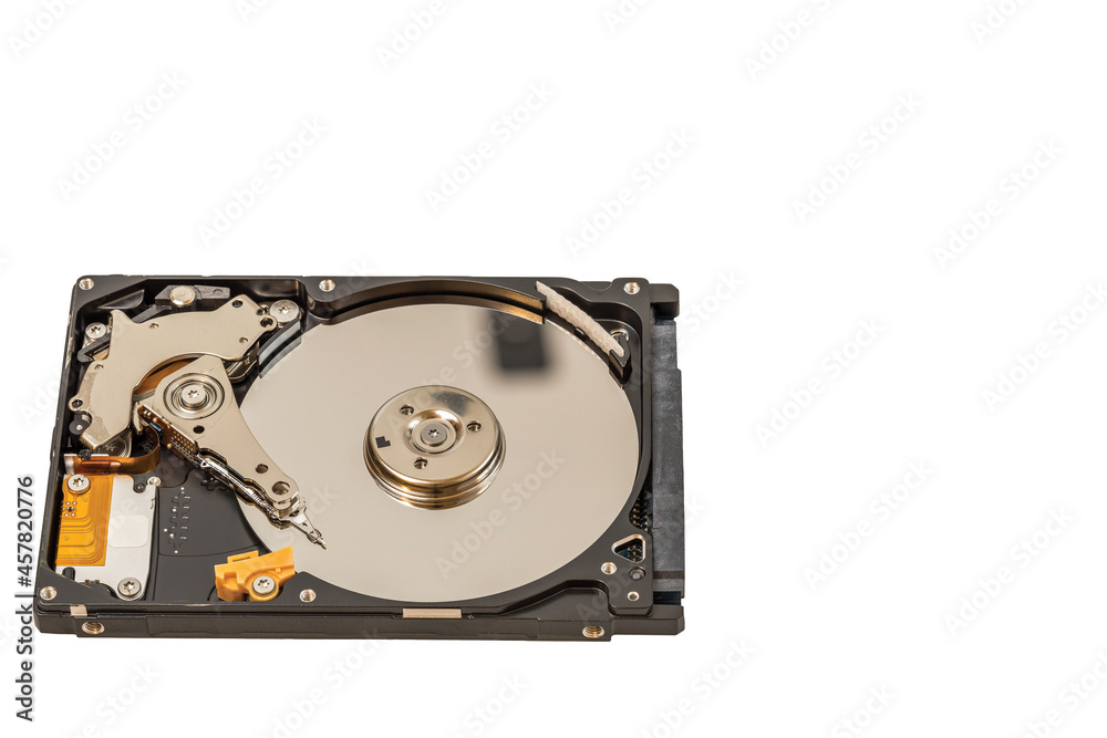 Close up view of disassembled hard drive isolated on white background. Close up view of disassembled hard drive isolated on white background.
