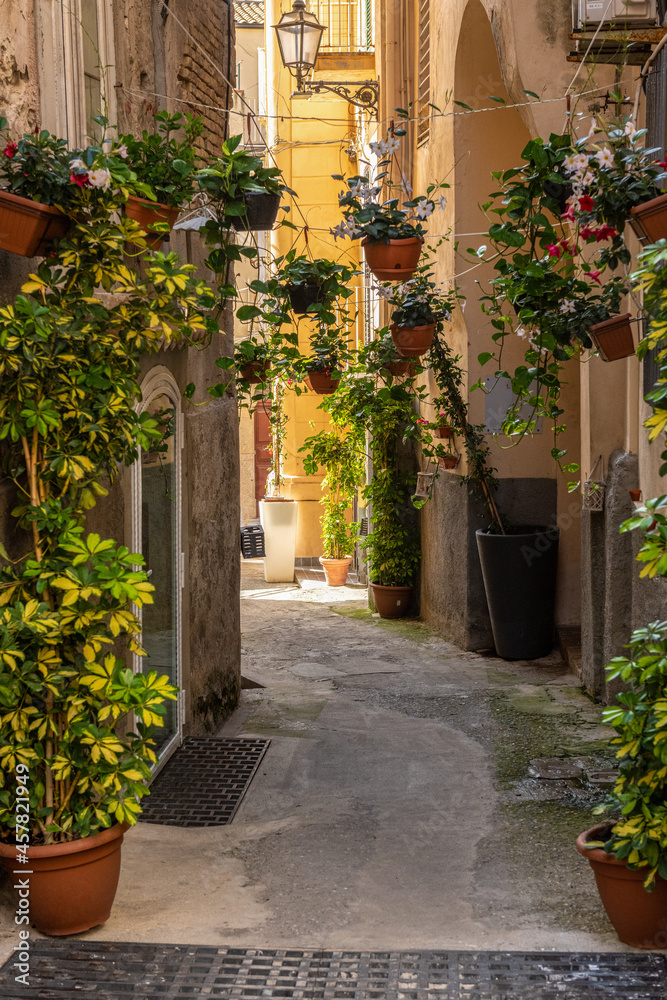 ukwiecona wąska uliczka w starym miasteczku na południu Włoch - obrazy, fototapety, plakaty 