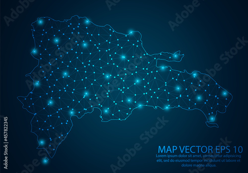 Abstract mash line and point scales on dark background with map of Dominican Republic.3D mesh polygonal network line, design sphere, dot and structure. Vector illustration eps 10.