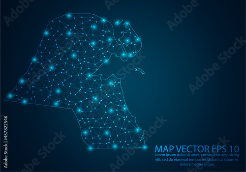 Abstract mash line and point scales on dark background with map of Kuwait.3D mesh polygonal network line, design sphere, dot and structure. Vector illustration eps 10.