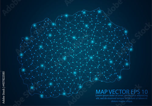 Abstract mash line and point scales on dark background with map of Macedonia.3D mesh polygonal network line, design sphere, dot and structure. Vector illustration eps 10.