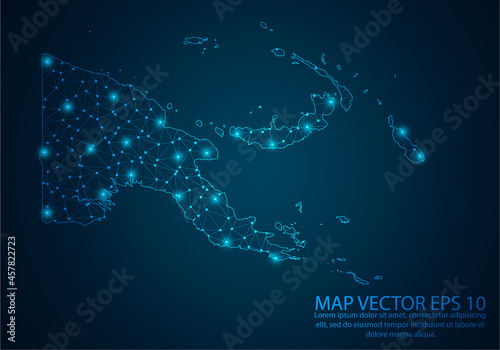 Abstract mash line and point scales on dark background with map of Papua New Guinea.3D mesh polygonal network line, design sphere, dot and structure. Vector illustration eps 10.