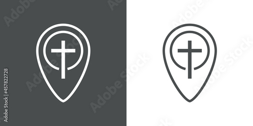 Símbolo cristiano. Logotipo con cruz en puntero de posición con lineas en fondo gris y fondo blanco