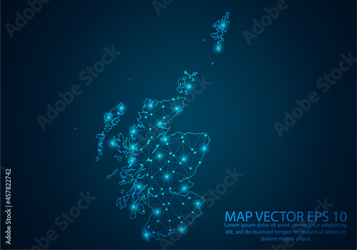 Abstract mash line and point scales on dark background with map of Scotland.3D mesh polygonal network line, design sphere, dot and structure. Vector illustration eps 10.